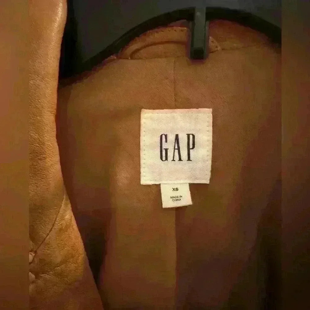 Gap Tan leather moto cropped jacket XS - Picture 4 of 5